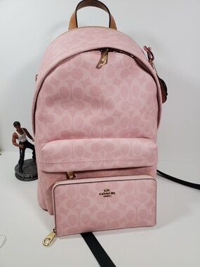 COACH Taylor Small Backpack In Signature Canvas With Charms and Wallet Set